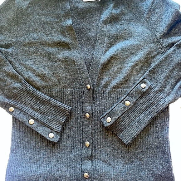 Sporty Charcoal Gray Knit Hooded Cardigan Button Front Sweater Ribbed Trim Sz S - Picture 11 of 13